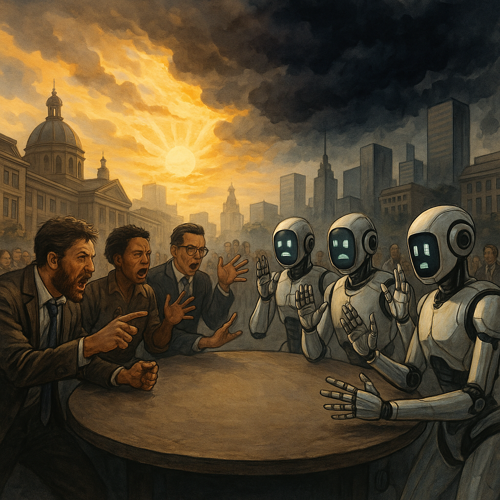 Create a dramatic and thought-provoking illustration depicting a bustling cityscape where humans and robots engage in a heated debate. The scene should capture a diverse group of humans and robots, each displaying distinct emotions and expressions, gathered around a large, round table set in a public square. The humans, dressed in modern business and casual attire, are shown passionately gesturing as they discuss, while the robots, designed with sleek, futuristic aesthetics, have LED-lit faces displaying various emoticons to convey their perspectives. Above the scene, the sky is split between a bright, hopeful sunrise and a dark, stormy cloud, symbolizing the contrasting futures at stake. The background should feature a blend of historic and contemporary architecture, emphasizing the merging of old and new worlds.