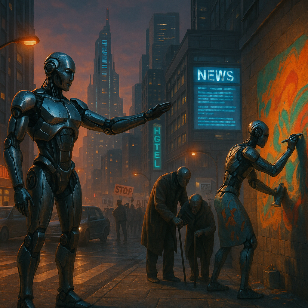 Create a dramatic and thought-provoking image depicting a futuristic cityscape at dusk, where towering humanoid robots with gleaming metallic surfaces blend seamlessly with the urban environment. In the foreground, a group of robots, each uniquely designed, are engaged in various activities—one is directing traffic with precision, another is assisting an elderly person crossing the street, and a third is painting a vibrant mural on a wall. The skyline is dominated by a modern, high-tech city with glowing neon signs, and a large digital billboard displays scrolling news headlines. The scene conveys a sense of harmony and coexistence between humans and robots, yet hints at the potential for tension with subtle details like a human protest in the background, holding signs that express concern about the rise of artificial intelligence. The overall atmosphere combines awe and curiosity, inviting viewers to ponder the implications of a society shared with intelligent machines.