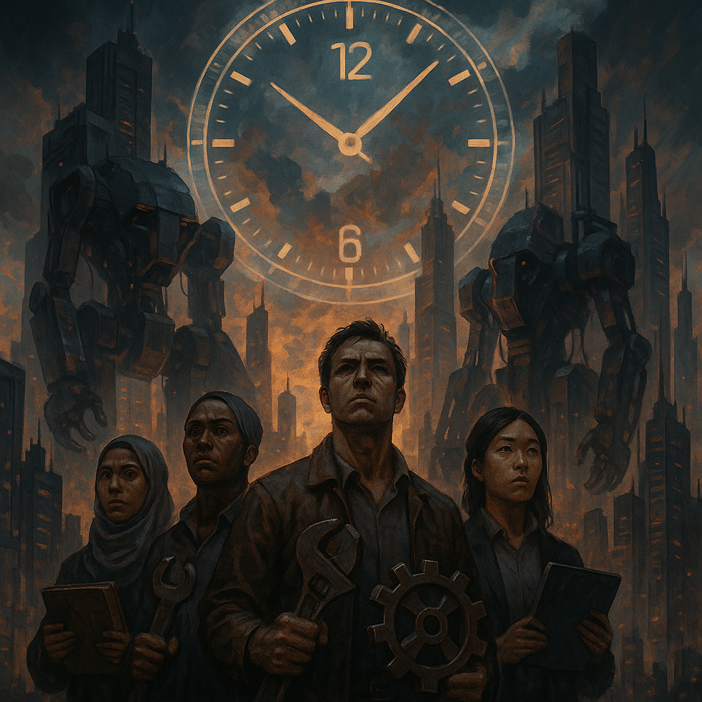 Create a dramatic and thought-provoking image of a futuristic cityscape at dusk, where towering skyscrapers are intertwined with massive robotic structures. In the foreground, a diverse group of determined humans stands united, representing different cultures and professions, holding symbolic tools of resistance like books, gears, and digital tablets. Above them, a giant, semi-transparent holographic clock is ticking ominously, casting a faint glow. The sky is a swirling mix of stormy blues and fiery oranges, symbolizing both the impending threat and the hope for resistance. The overall tone is gritty yet inspiring, capturing the essence of humanity's resilience against the encroaching mechanical dominance.