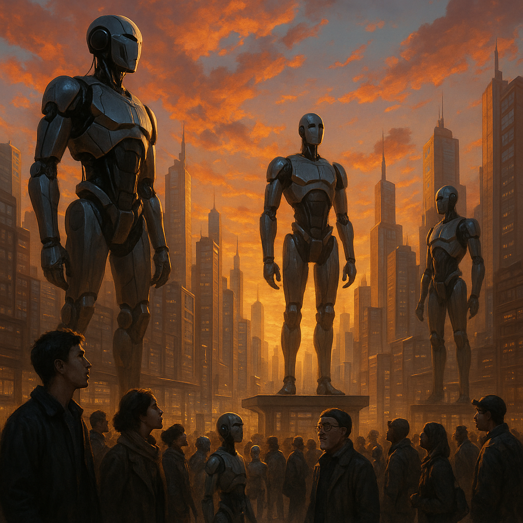 Create a dramatic and thought-provoking image featuring a futuristic cityscape where towering, sleek robots stand prominently on platforms, overlooking a bustling metropolis filled with both humans and robots interacting. The scene should capture a moment of coexistence and tension, with humans looking up in awe and curiosity, while the robots exude an aura of authority and sophistication. The sky should be a blend of vibrant sunset colors, casting a golden glow on the city, symbolizing a new era at the horizon. In the foreground, a diverse group of people from different walks of life are engaged in various activities, highlighting the complexity and diversity of human society, as the robots' shadows loom large, suggesting their growing influence.