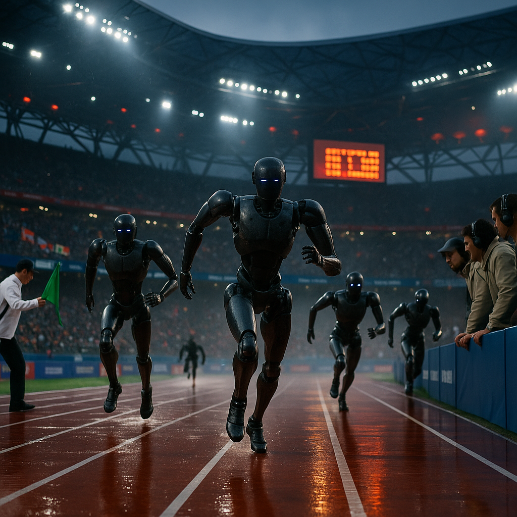 Front-page, award-winning photojournalism image of an international humanoid robotics sprint final in a futuristic Beijing stadium at blue hour: rain-slick red track, low-angle trackside perspective with leading lines; five life-sized humanoid robots bursting from the blocks, two in sharp focus mid-stride with carbon-fiber limbs and illuminated joint actuators, fine water droplets freezing in the air; engineers in neutral jackets and headsets leaning over the rail at frame right, a referee in white gloves sweeping a green flag at frame left; packed grandstands under a dramatic steel lattice, handheld flags from multiple countries, subtle red lantern glow, and a giant LED board with glowing numbers (no legible text), generic sponsor banners (no logos). Lighting: cool stadium floodlights with warm rim light, slight haze catching light beams; color true-to-life, crisp detail, minimal grain. Composition: rule-of-thirds, shallow depth of field (sharp torsos, motion-blurred legs), negative space at top for masthead and headline. Shot metadata: 70–200mm at 135mm, f/2.8, 1/2000s, ISO 800. Editorial, newswire style, no watermark, no text.
