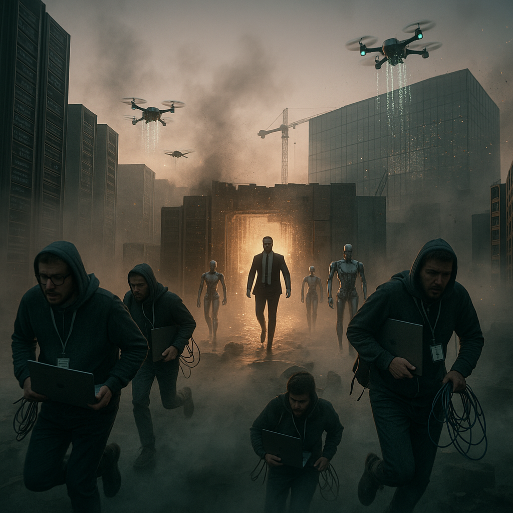 Front-page, photojournalistic wide shot at dawn: a smoke-hazed, allegorical tech battlefield built from towering server racks and oversized circuit boards forming city blocks; in the foreground, a line of weary human software developers in hoodies and office badges retreat through low fog, clutching laptops and tangled cables, motion blur on their hurried steps, anxious faces lit by the cold glow of screens; center-left, a confident tech mogul in a dark suit strides forward through a breached data-center wall, dramatically backlit, flanked by sleek humanoid robots and autonomous coding drones that project cascading lines of neon code into the air; midground, the glassy headquarters of a colossal software giant appears as a monolithic façade shedding pixel fragments, cranes and scaffolds silhouetted against the rupture; composition shot with a dynamic low angle (24mm), crisp subject focus with subtle depth-of-field, 1/1000s shutter to freeze sparks and flying debris, high-contrast, muted color grading with gritty textures, dramatic rim lighting, faint lens flare, no text or logos, negative space at the top for masthead, 3:2 aspect ratio, wire-service realism.