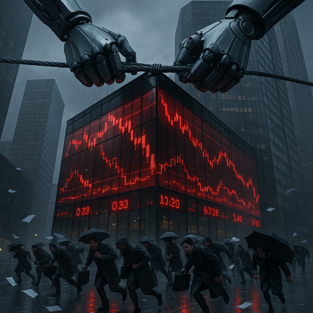 Front-page documentary photo-illustration: dawn in a global financial district under low clouds; two colossal articulated robotic hands of brushed steel cinch a tightening steel cable around a glass stock-exchange facade streaming red LED tickers and plunging candlestick charts; below, a crowd of office workers in raincoats staggers against a gust, clutching briefcases as printouts whirl past, a few losing footing on slick pavement; wet asphalt mirroring crimson data, inverted umbrellas, tense faces half-lit; muted cool palette (gunmetal, slate, rain blue) with controlled warning-red accents; street-level wide-angle, slight low angle with skyscraper lines converging toward the clamp; cinematic realism with soft drizzle, crisp detail and motion blur on papers and coats; natural overcast light, newsprint-friendly contrast; 35mm lens, f/5.6, 1/250s; no brands, no text, no recognizable landmarks.