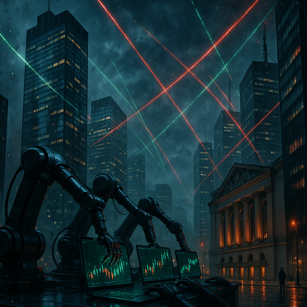 Photo-illustration for a newspaper front page: pre-dawn financial district seen from street level, towering glass skyscrapers and a grand exchange facade; vivid streams of neon-green and warning-red data flares arc from windows and antennas into a stormy sky, crisscrossing like meteor trails; in the foreground behind rain-specked glass, a line of matte-black trading machines—sleek robotic arms with haptic fingertips—pound keyboards and swipe glowing holographic candlestick charts, reflections rippling across steel desks and wet pavement; a lone human silhouette on the curb, dwarfed by the machinery and light; cinematic, hyper-detailed, high-contrast steel-blue palette with emerald and crimson accents, dramatic rim lighting, light atmospheric haze; 24mm perspective, f/5.6, 1/125s, ISO 400; editorial tone, photoreal with subtle surreal elements; strong leading lines and rule-of-thirds composition; leave clean negative space in the upper 20% for masthead and headline; 3:2 aspect ratio; no text, no logos, no watermarks.