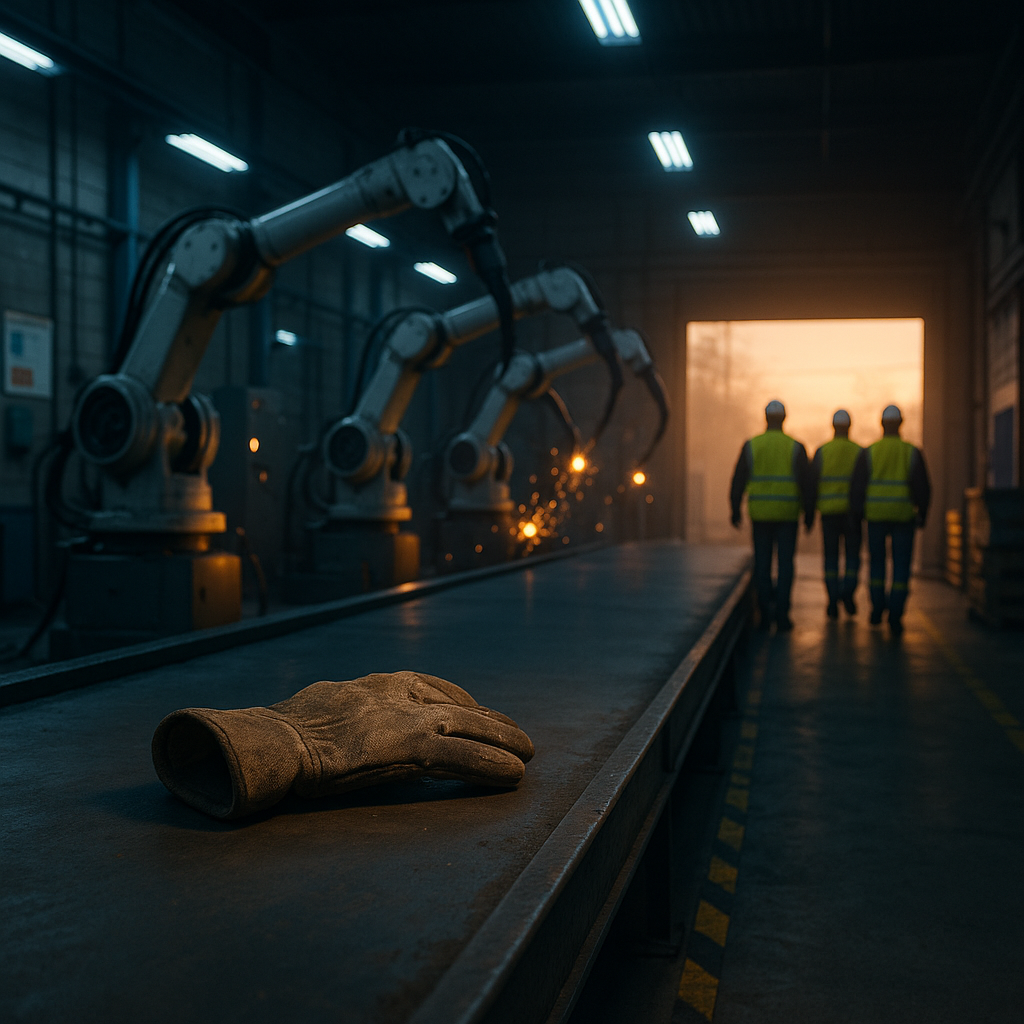 Front-page, photojournalistic image capturing a pivotal moment where human labor cedes to automation: inside a cavernous factory at dusk, a single scuffed leather work glove lies abandoned on a motionless conveyor in razor-sharp foreground focus; midground, a row of gleaming steel robotic arms hum and glow as they calibrate; background, slightly blurred, a small group of workers in high-visibility vests and hard hats file toward an open roll-up door, their backs to the camera, silhouettes haloed by warm sunset pouring through dust-laden air. Composition: rule of thirds, low angle at belt height, leading lines from conveyor to robots to exit; negative space across the upper third for masthead and headline. Lighting: mixed cool overhead fluorescents and warm backlight, pronounced but natural contrast, soft rim light on helmets and machine housings. Color palette: slate gray, oil-stained blue, safety yellow accents, ember-orange tool sparks, cool cyan fluorescents. Environmental details: cinderblock walls with multilingual safety posters and a union notice board, analog punch clock, black-and-yellow floor striping, stacked pallets, no logos or brand names. Technical: full-frame DSLR, 35mm lens, f/5.6, 1/250s, ISO 800; crisp editorial realism, wire-service style, horizontal orientation, 3:2 aspect ratio.