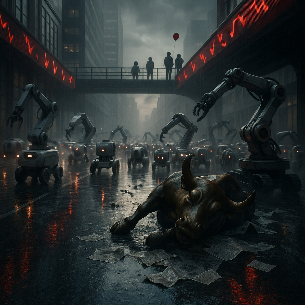 Front-page newspaper photo, documentary realism: dawn in a rain-slicked financial district, a wave of autonomous robots and articulated industrial arms pours down the street like a metallic tide, reflections shimmering on wet asphalt; a toppled bronze bull statue lies half-submerged in wind-blown stock pages while giant LED tickers overhead spill cascading red arrows and numbers (no legible text). On an elevated walkway in the background, a small group of schoolchildren with backpacks quietly recede toward the fog, one red balloon slipping skyward; they are backlit silhouettes, faces not visible. Moody natural light, muted colors, high contrast, dramatic overcast sky, slight motion blur on machines, crisp focus on the bull, low-angle 24mm wide shot, composed for front-page print with generous negative space at top, photojournalistic style, no logos, no words, no watermarks.