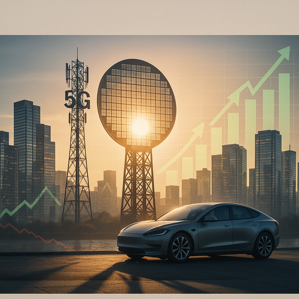 Front-page newspaper editorial photo-illustration: dawn over a glass-and-steel financial district; in the mid-ground, two towering 5G cell masts and an oversized, gleaming silicon wafer/microchip rise like monuments, backlit by the sun to form a dramatic “eclipse” halo; their long shadows sweep across the foreground where a sleek silver electric sedan sits in partial silhouette, subtly diminished; behind them, a semi-transparent trading board overlays the skyline with bold green upward bars and arrows near the towers and chip, and a faint red descending line trailing behind the car; 3:2 wide composition with clean negative space at the top for the masthead and along the lower third for captions; realistic, high-detail print quality, full-frame 35mm perspective, f/8 for crisp depth, natural sunrise rim light, cool steel blues and graphite grays contrasted with warm gold highlights; CMYK-safe tones, subtle film grain, no text, no logos, no watermarks.