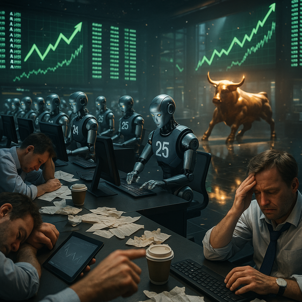 Front-page editorial photo, photorealistic composite: pre-market dawn on a bustling stock exchange floor; exhausted human traders in wrinkled shirts and loosened ties slump over cluttered desks with cold coffee cups and crumpled printouts in the foreground, one rubbing his temples, another staring at a tablet showing a flat gray chart; mid-ground, a disciplined line of sleek, chrome autonomous trading robots in numbered vests operates spotless terminals in perfect unison, one precise articulated finger pressing an “execute” button; background mega-walls of LED tickers glow with vivid emerald up-arrows and rising graphs as confetti drifts from the rafters; a gleaming bronze bull sculpture catches a shaft of skylight, its reflection stretching across a polished black floor; dramatic high-contrast lighting—cool steel-blues on machines, warm fatigued tones on humans—with cinematic color grade; wide-angle 28mm lens, eye-level, shallow depth of field isolating a human hand and a robot hand inches apart; rule-of-thirds composition with strong leading lines from monitor arrays; press-ready sharpness, no brand logos or readable text, no watermarks, leave clean negative space at the top for the masthead.