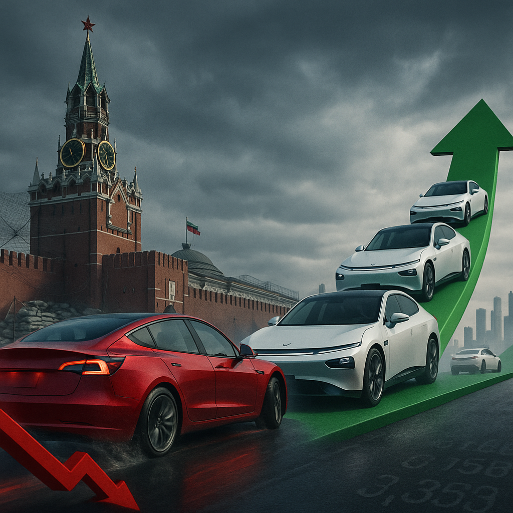 Front-page photo-illustration, wide 3:2 with clean space for masthead at top and subhead strip below: foreground left shows a glossy red Tesla sedan fishtailing on a slick, reflective roadway that subtly morphs into a downward red stock-chart arrow; crisp tire spray and brake-light streaks, motion blur on rear wheels. Midground right features a tight formation of sleek white Xpeng EVs ascending a green arrow rendered as a roadway, strong rim light and confident forward motion; faint silhouettes of a modern Chinese skyline behind them. Background center anchors the scene with the Moscow Kremlin under a cold, brooding winter sky—fresh sandbag emplacements at gate arches, anti-drone netting strung between towers, and steel caltrops along the wall; flags whip in a gust. Composition uses dynamic diagonals converging toward the Kremlin; editorial palette of deep reds, cold blues, and muted greens; realistic, overcast noon lighting; cars tack-sharp, Kremlin slightly softened by atmospheric haze. Subtle ticker numerals ghosted into the asphalt, no visible text or logos. Virtual 35mm lens, slight low angle, high contrast suitable for newsprint, dramatic yet balanced.