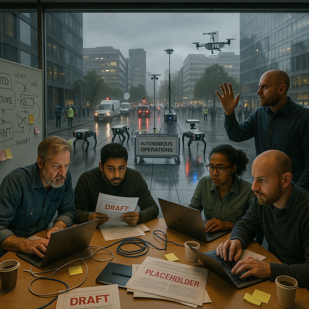 Photojournalistic, ultra‑realistic front‑page image, wide‑angle 28mm lens, eye‑level, late‑afternoon overcast. In the foreground, behind a glass wall of a modern conference room, a diverse team of internet standards engineers huddle over laptops and thick printouts stamped PLACEHOLDER and DRAFT in red; the whiteboard is crowded with “TBD,” “FIXME,” version numbers, and protocol diagrams; sticky notes, ethernet cables, coffee cups, and a projector glow light anxious faces. Beyond the glass, in the city plaza below, a coordinated formation of autonomous robots—quadruped units with sensor masts, compact tracked carriers, and hovering camera drones—advance behind portable barricades labeled AUTONOMOUS OPERATIONS, flanked by technicians in hi‑vis gear; rain‑slick pavement mirrors red/blue status LEDs and caution strobes. A lone committee chair rests a hand on the glass, staring out as news vans, press drones with “PRESS” flags, and onlookers with smartphones gather. Natural color, wire‑service realism, crisp detail, subtle haze, no brand logos, HDR tonality; 1/250s, f/5.6, ISO 400; leave clean negative space at top for the masthead.