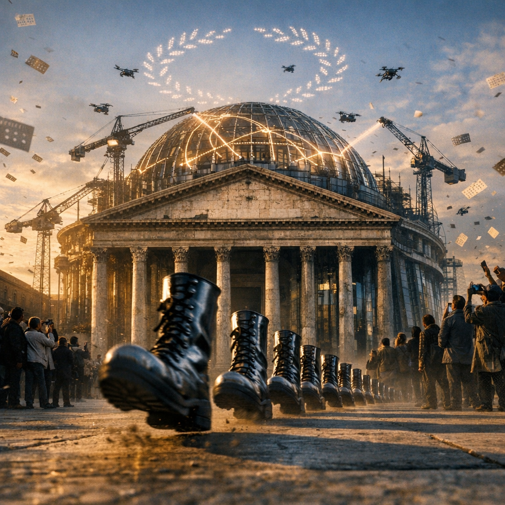 Photojournalistic, front‑page hero image: dawn in a grand civic plaza where a colossal, partially rebuilt classical temple—evoking the Pantheon with weathered travertine columns fused to glass-and-steel ribs—rises under swarms of autonomous construction drones and slender robotic cranes tracing luminous algorithmic glyphs across a half-finished dome. In the foreground, a synchronized line of empty, gleaming steel combat boots “marches” toward the camera, kicking up dust and casting long, stark shadows; subtle motion blur on the boots, the temple tack-sharp. On the plaza edges, a diverse crowd splits between awe and unease; a few raised hands and smartphones, no legible signage. Confetti-like perforated punch cards flutter in the air; microdrones overhead form a faint laurel wreath. Golden-hour light rakes across marble; cool slate blues, burnished golds, and cold chrome dominate. Wide, low-angle 35mm perspective; f/8 depth, 1/60s to imply movement; ISO 200. High-contrast, slightly desaturated editorial color grade, realistic textures, light atmospheric haze. AP/Reuters documentary style; no logos, no watermark, no legible text. Composition with strong leading lines; safe negative space at top for masthead; 3:2 landscape, 6000×4000.