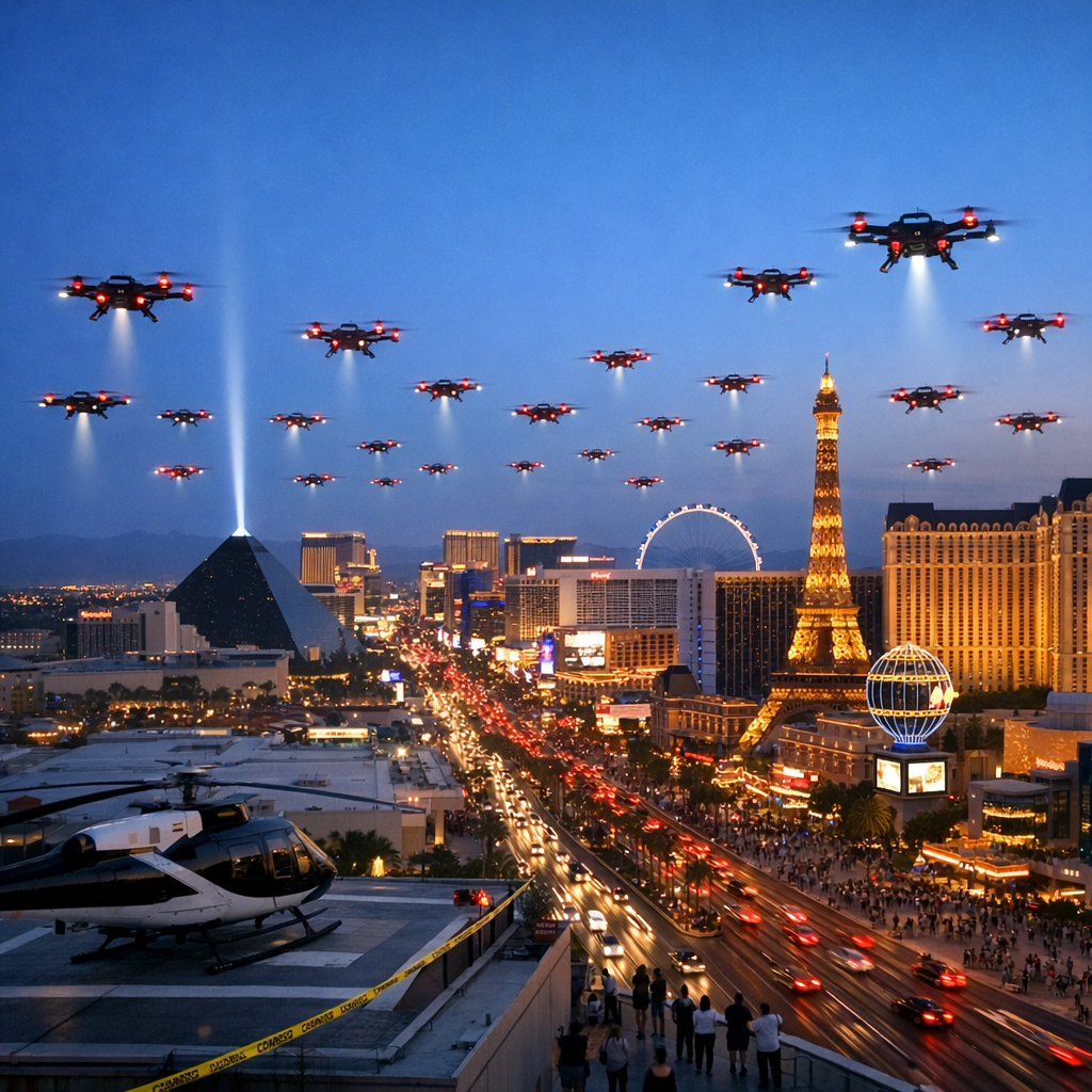 Front-page, photorealistic editorial photograph of the Las Vegas Strip at blue hour, shot from a high rooftop looking south along Las Vegas Boulevard; dozens of coordinated police and FAA quadcopter drones hover in stacked patrol corridors above the casinos, red-and-white anti-collision lights synchronized, a few with downward-facing spotlights sweeping the streets; the pyramid-shaped casino’s sky beam pierces the dusk while the replica Eiffel Tower and giant observation wheel glow; a grounded news helicopter sits idle on a nearby helipad in the foreground behind caution tape, underscoring the dominance of unmanned craft; traffic light trails below, small groups of pedestrians glancing upward, faces indistinct; warm neon vs. cool twilight, slight desert haze and heat shimmer, subtle rotor motion blur; 24mm lens, f/5.6, ISO 800, 1/60s, natural grain; high-resolution 3:2 horizontal composition with clear negative space at the top for a masthead, neutral newspaper color grading, no text, no logos, documentary photojournalism style.